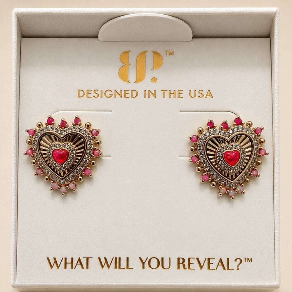 Bomb Party Angelic Hearts Earrings – Pink Fire Opal on Gold